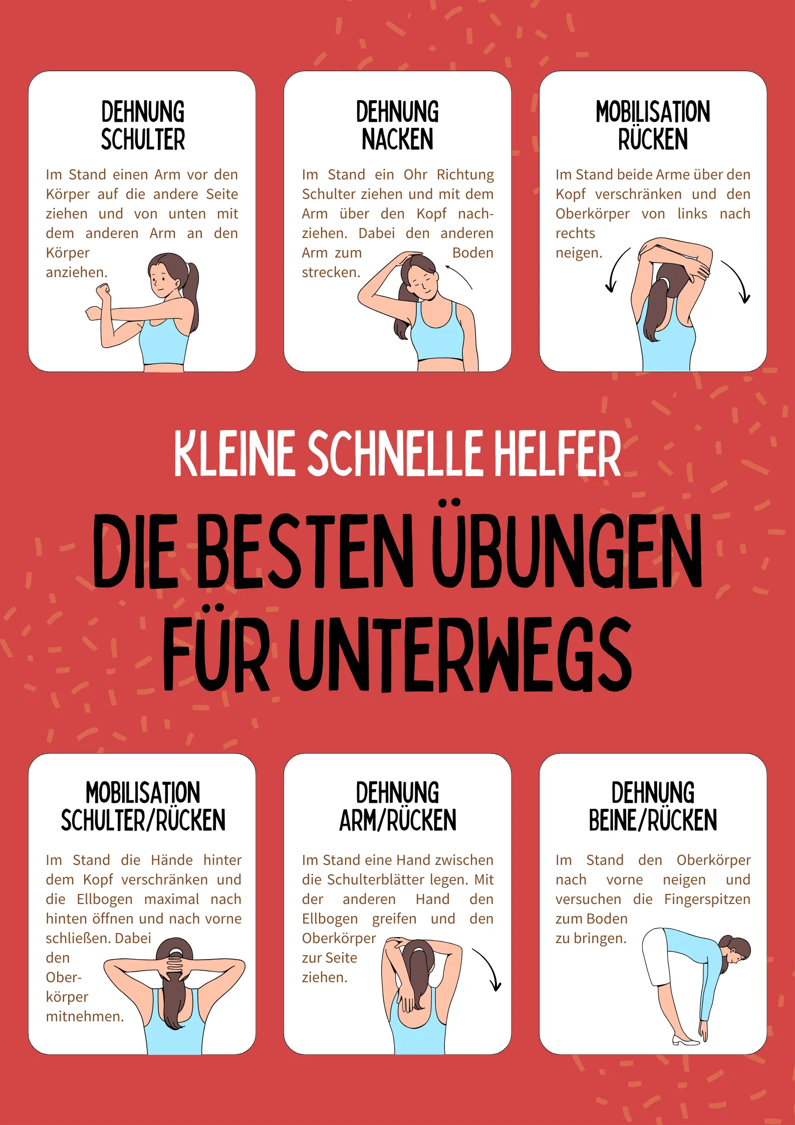 Übersicht kleiner Mobilisations- und Dehnübungen für unterwegs